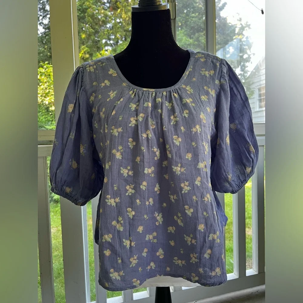 Free People Floral Puff Sleeve Top - Blue - Picture 1 of 8